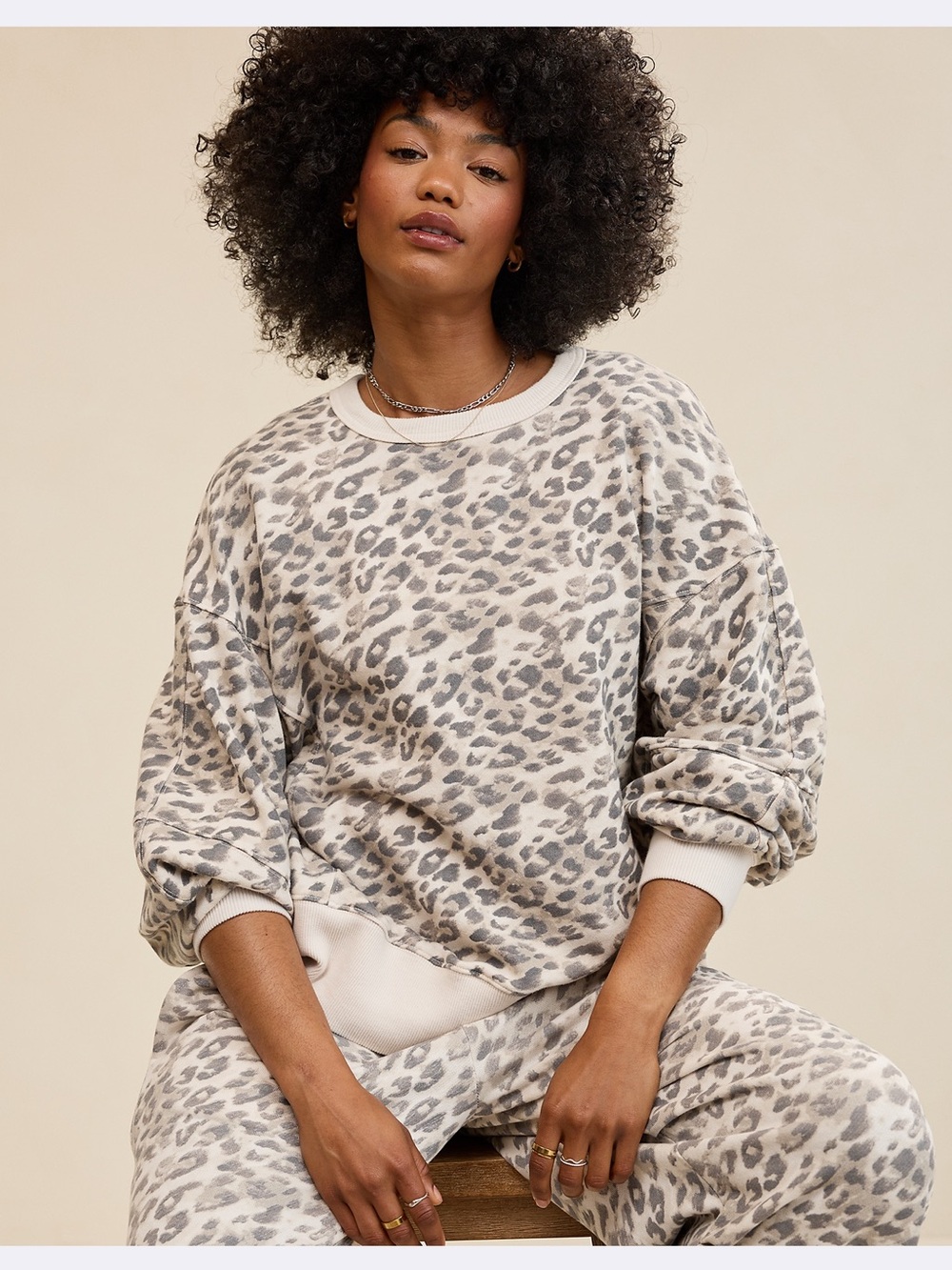 aerie Cream and Gray Leopard Crewneck Sweater